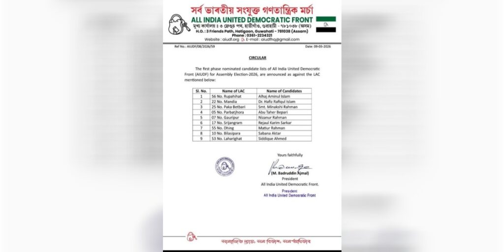 ৯ টা সমষ্টিৰ বাবে প্ৰাৰ্থীৰ নাম ঘোষণা AIUDFৰ